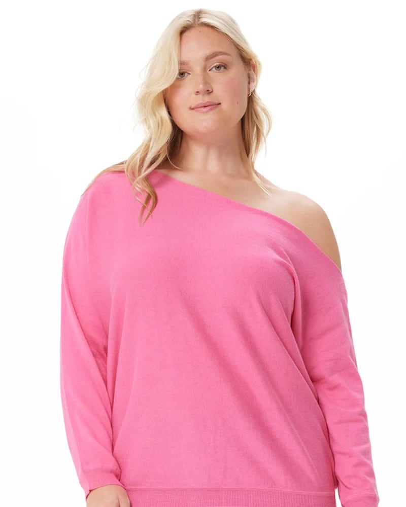 Side of a model wearing a size 3X Cotton Cashmere Off The Shoulder Sweater in Azalea by Minnie Rose. | dia_product_style_image_id:324898